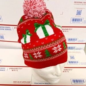 Christmas Presents Decorations Adult Beenie Red and White Topper NwoT Festive